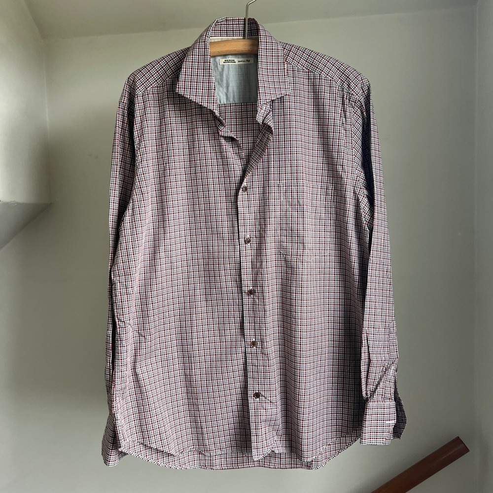 Maurizio Baldassari Button Down Dress Shirt XL Italian‎ Mens Neutral Plaid Check